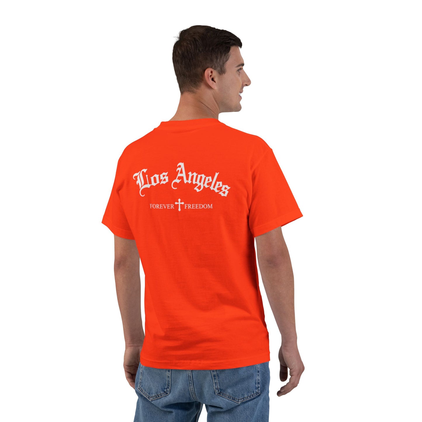 Los Angeles Vintage Script T-Shirt — Orange Graphic Tee with 'Los Angeles' Back Print