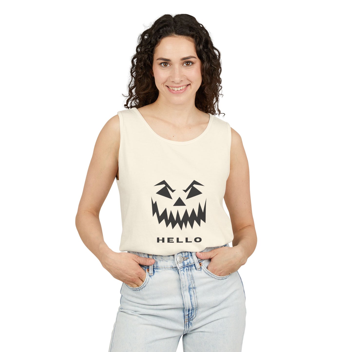 Halloween Jack-O'-Lantern Tank Top — 'HELLO' Pumpkin Face Graphic