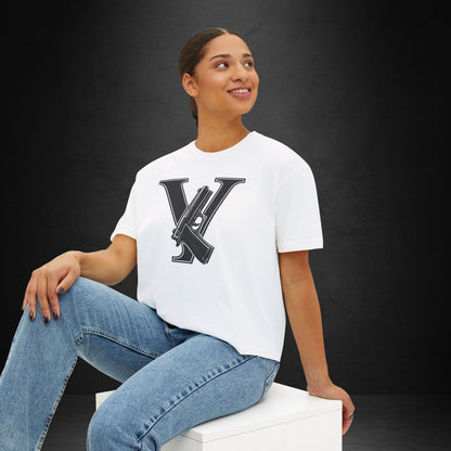 Women's Boxy Tee — Monogram 'V' with Pistol Graphic