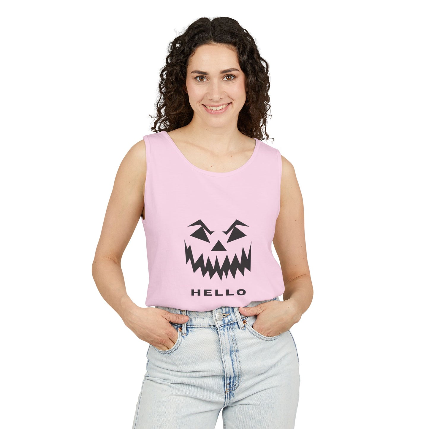 Halloween Jack-O'-Lantern Tank Top — 'HELLO' Pumpkin Face Graphic
