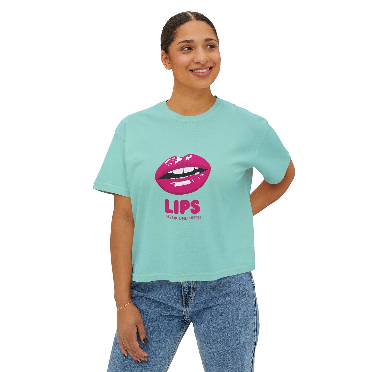 Women's Boxy Tee — Pink Lip Graphic "LIPS" Crop T-Shirt for Trendy Casual & Valentine's Day