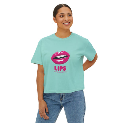 Women's Boxy Tee — Pink Lip Graphic "LIPS" Crop T-Shirt for Trendy Casual & Valentine's Day