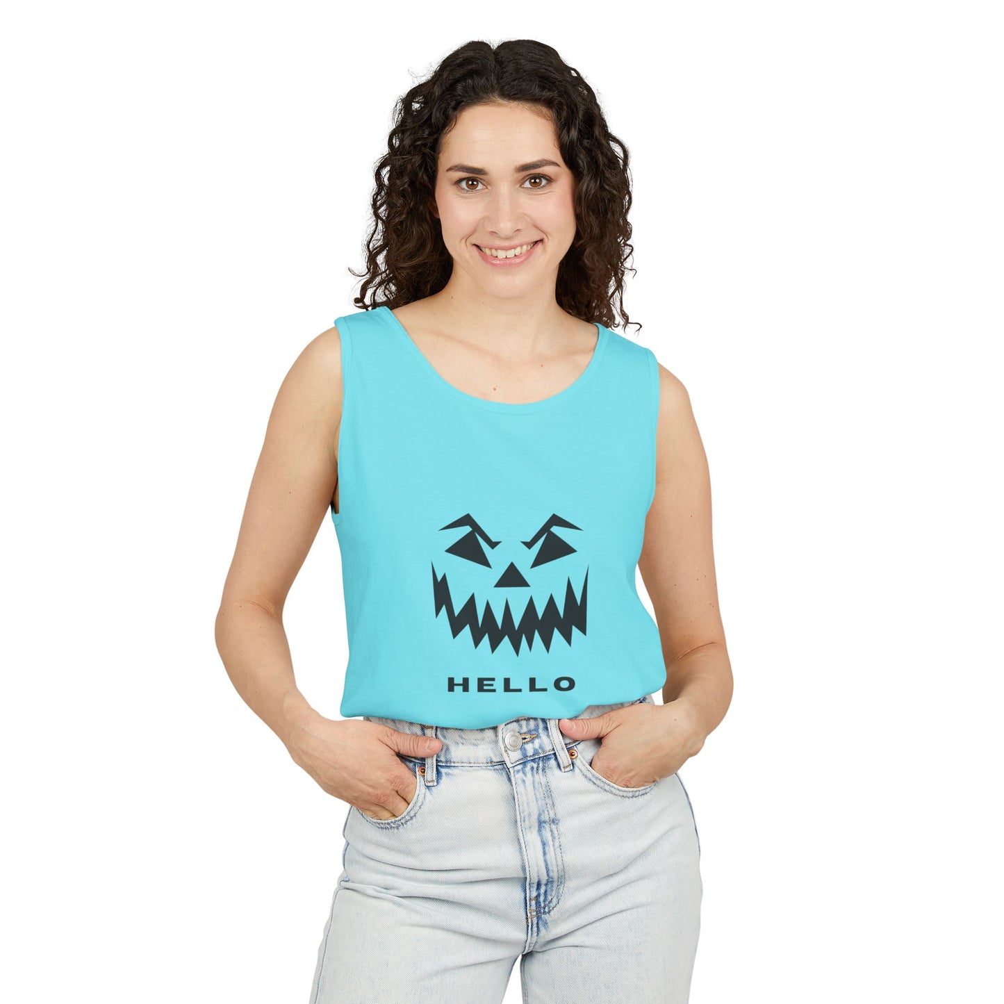 Halloween Jack-O'-Lantern Tank Top — 'HELLO' Pumpkin Face Graphic