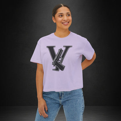 Women's Boxy Tee — Monogram 'V' with Pistol Graphic