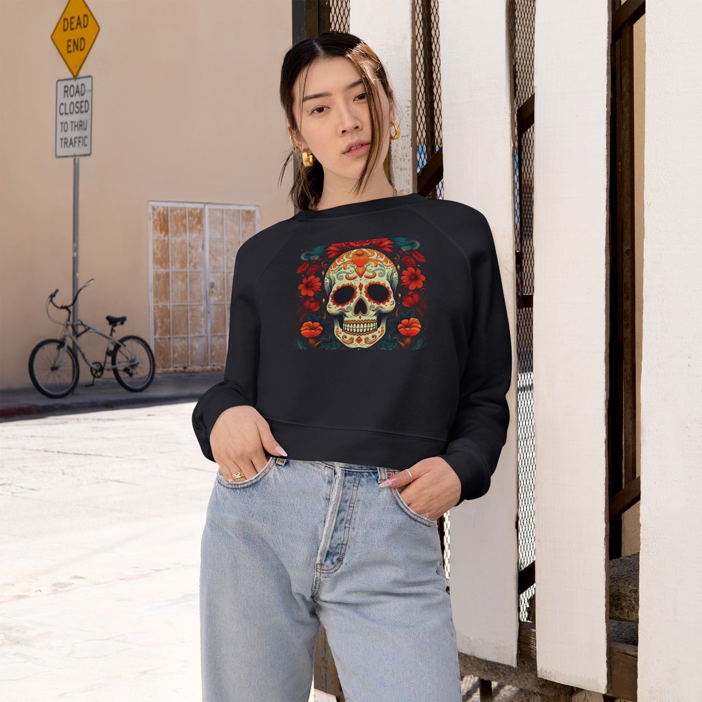 Cropped Pullover — Colorful Sugar Skull Floral Design