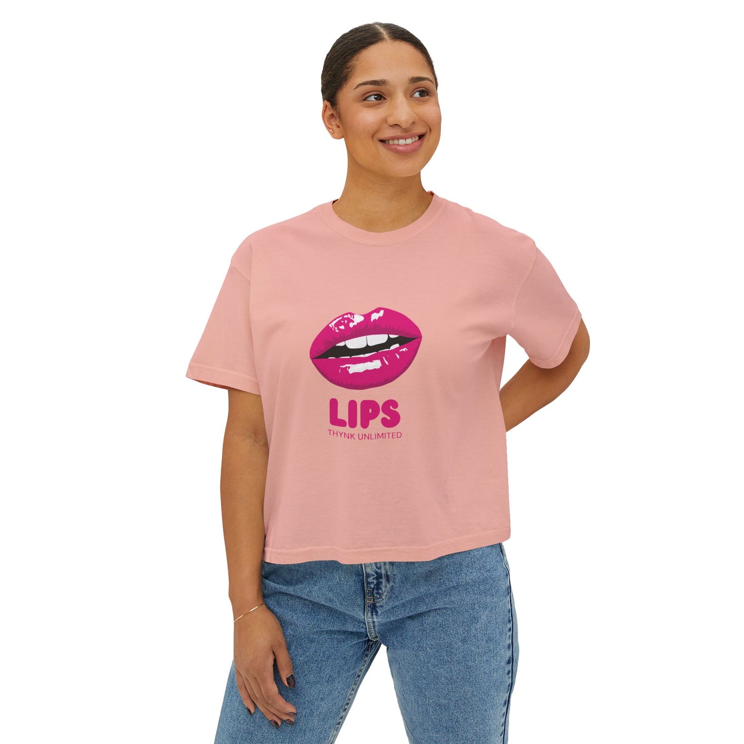 Women's Boxy Tee — Pink Lip Graphic "LIPS" Crop T-Shirt for Trendy Casual & Valentine's Day