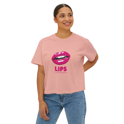 Women's Boxy Tee — Pink Lip Graphic "LIPS" Crop T-Shirt for Trendy Casual & Valentine's Day