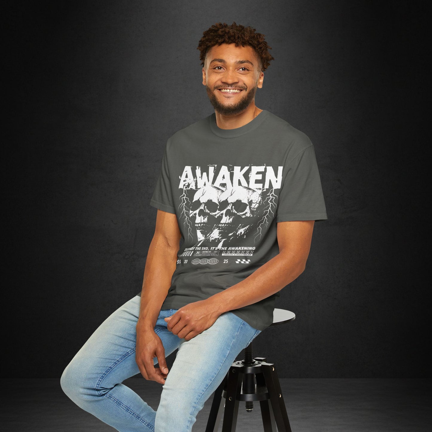Awaken Skull Graphic T-Shirt — Gothic Lightning Band Tee