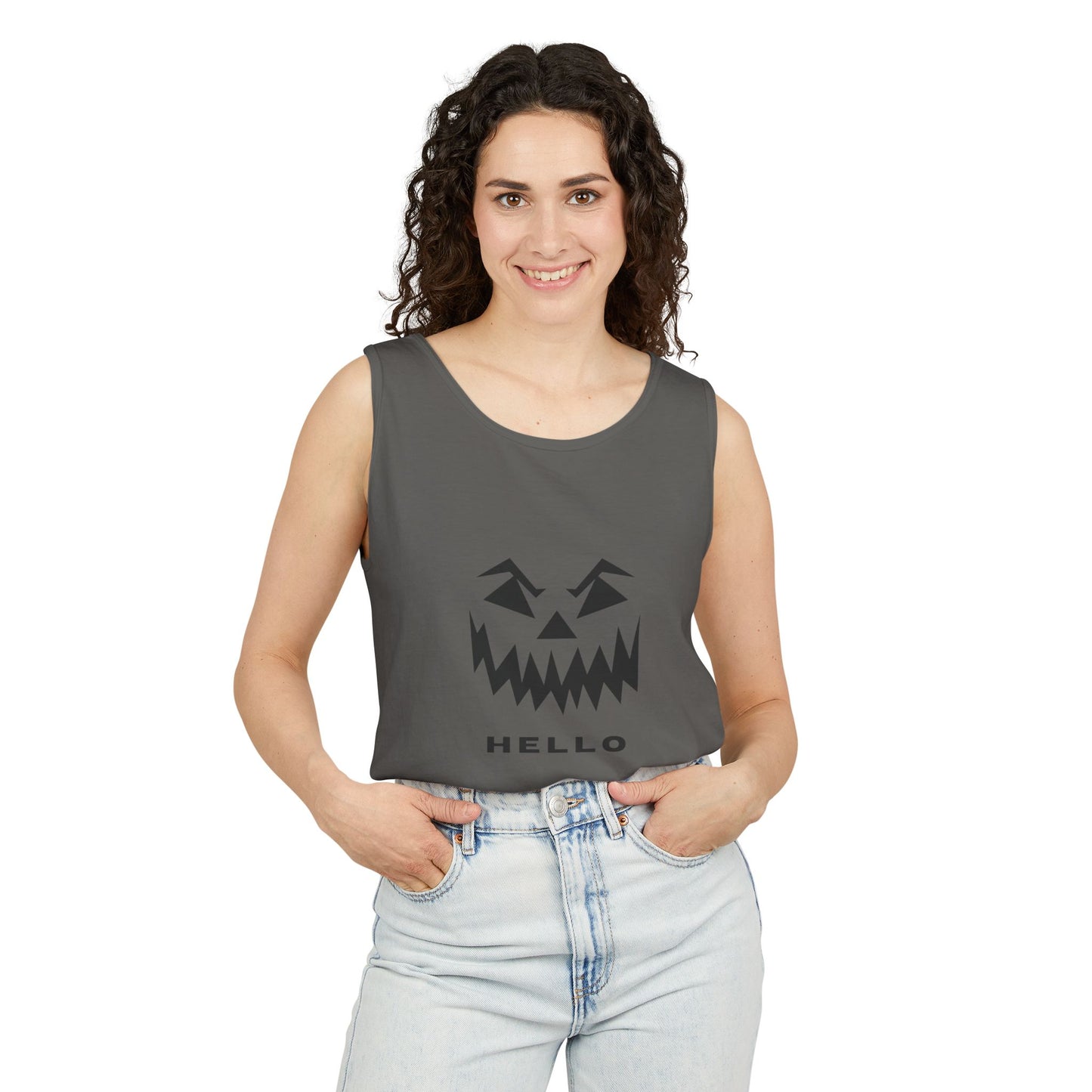 Halloween Jack-O'-Lantern Tank Top — 'HELLO' Pumpkin Face Graphic