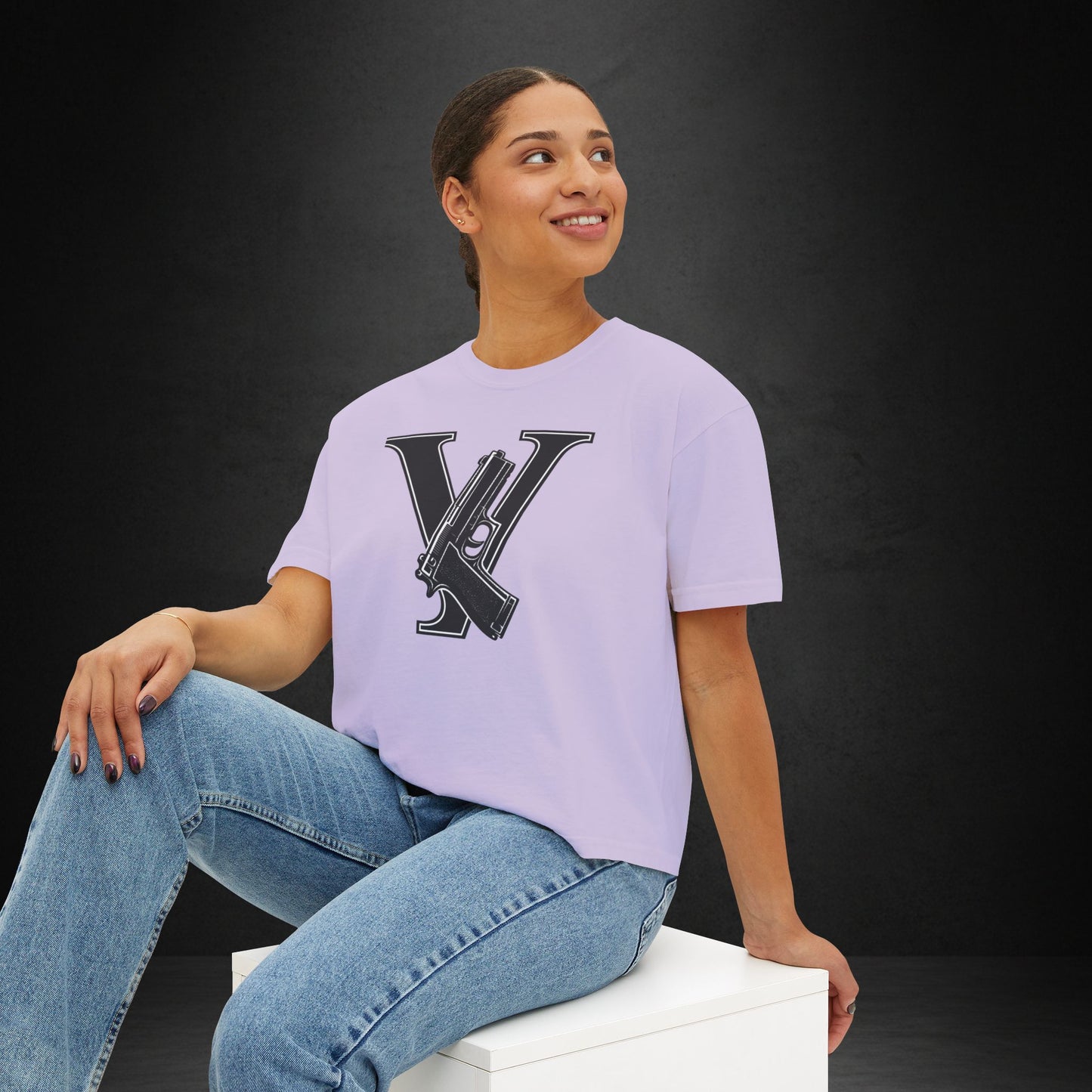 Women's Boxy Tee — Monogram 'V' with Pistol Graphic