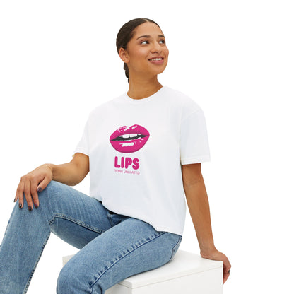 Women's Boxy Tee — Pink Lip Graphic "LIPS" Crop T-Shirt for Trendy Casual & Valentine's Day
