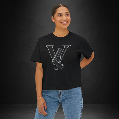 Women's Boxy Tee — Monogram 'V' with Pistol Graphic