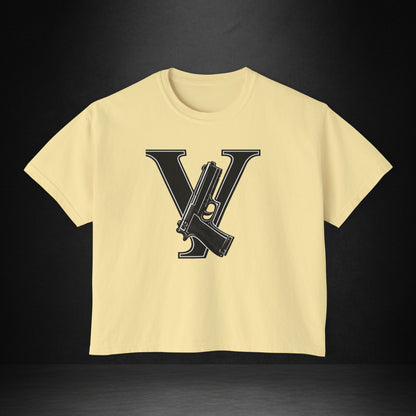 Women's Boxy Tee — Monogram 'V' with Pistol Graphic