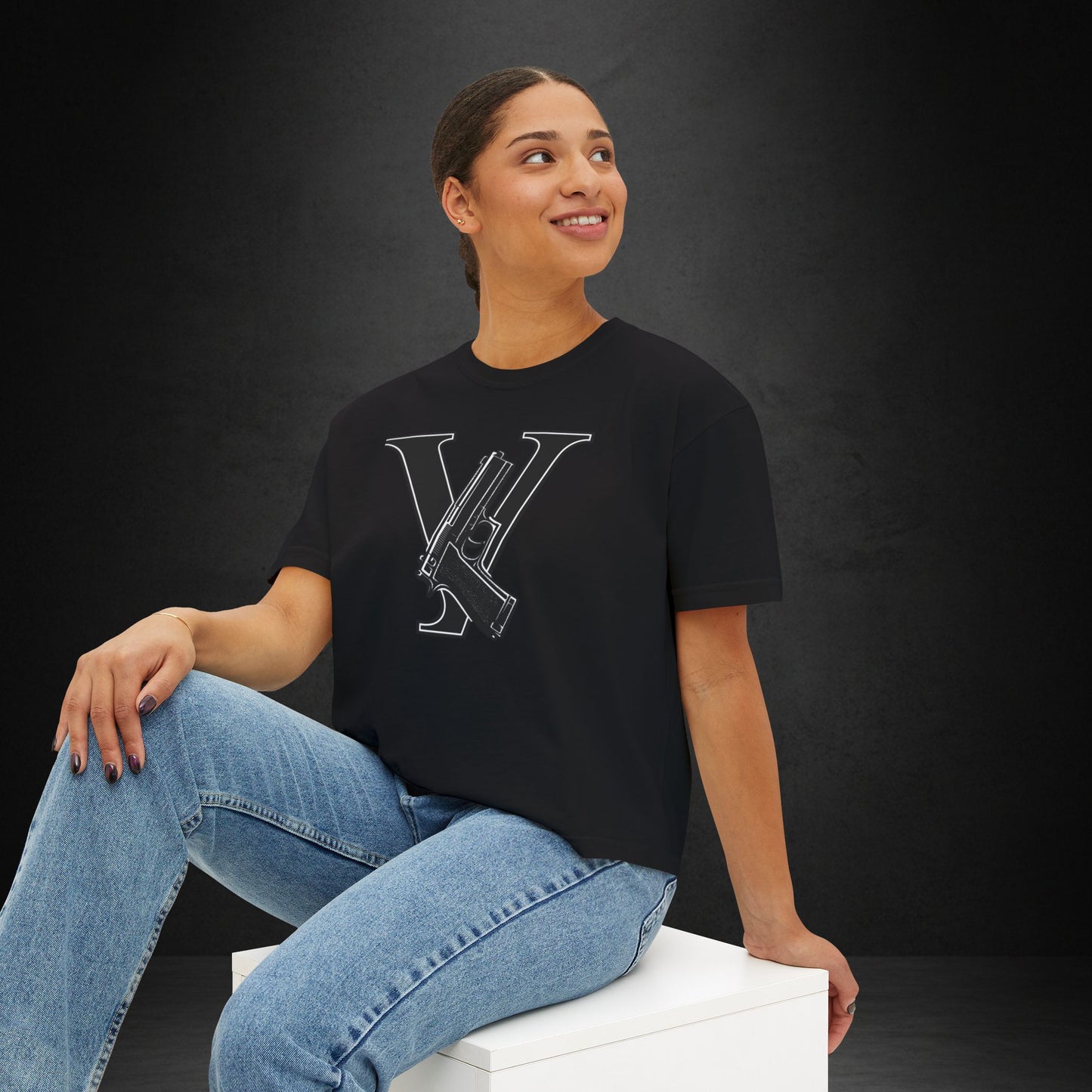 Women's Boxy Tee — Monogram 'V' with Pistol Graphic