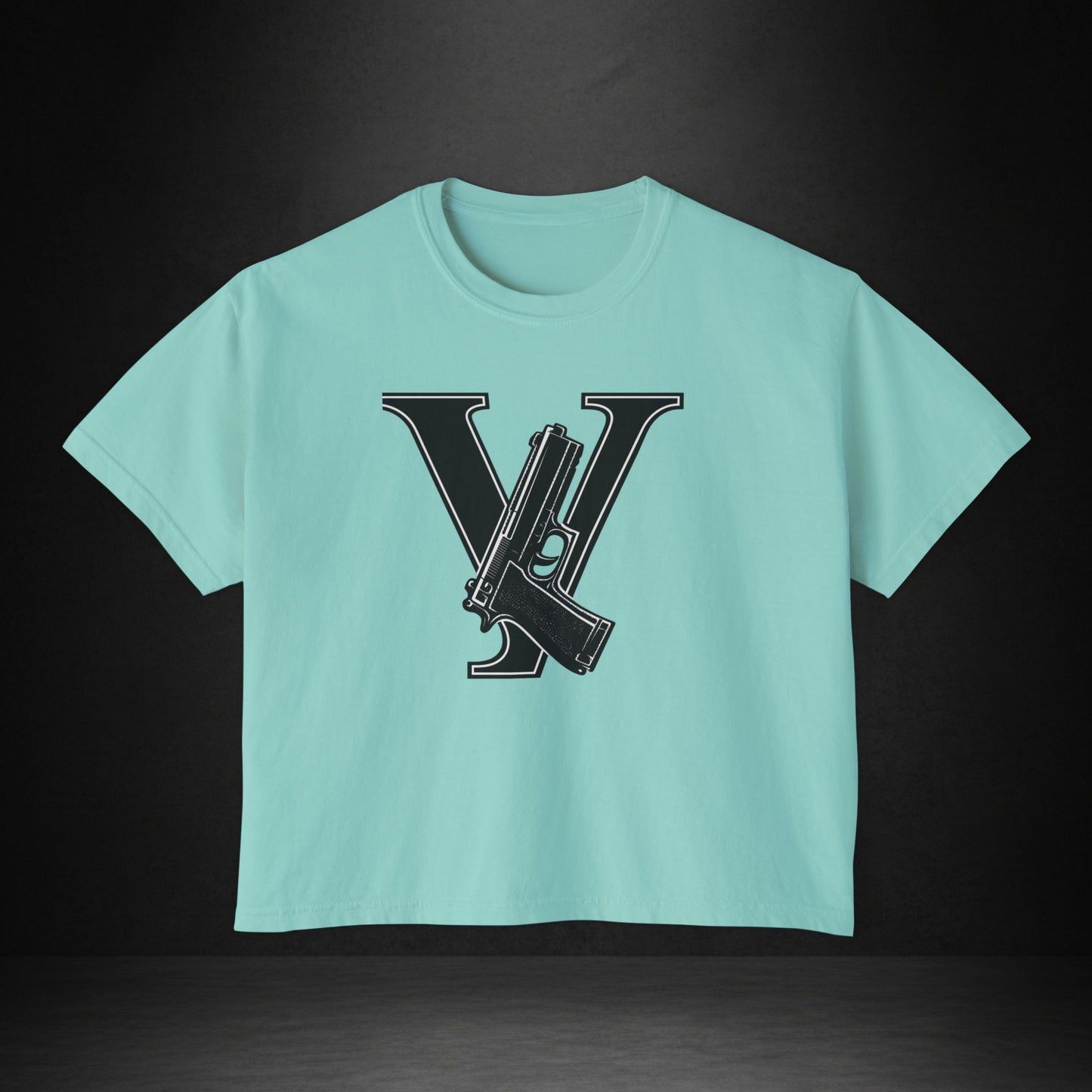 Women's Boxy Tee — Monogram 'V' with Pistol Graphic