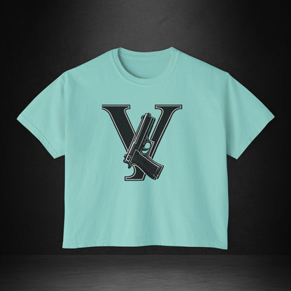 Women's Boxy Tee — Monogram 'V' with Pistol Graphic