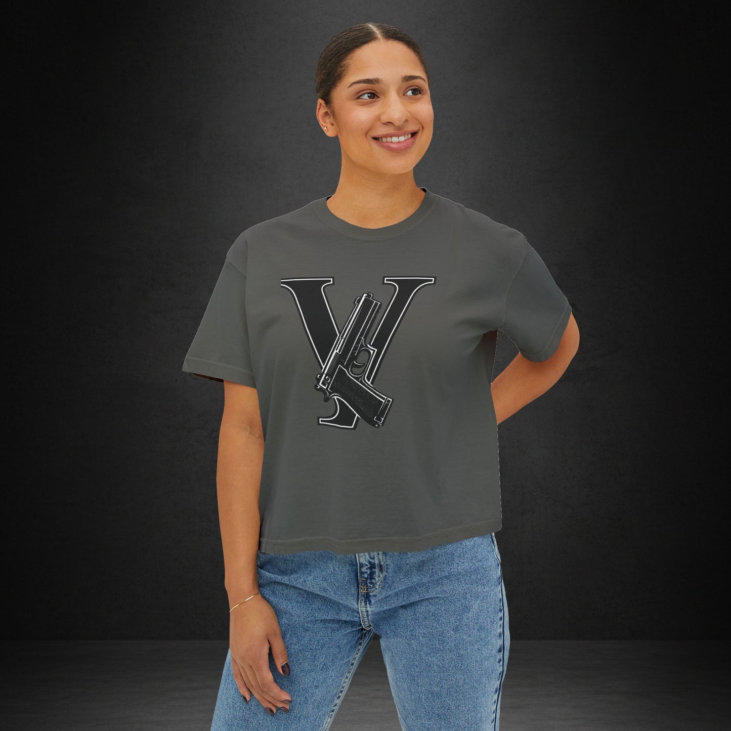 Women's Boxy Tee — Monogram 'V' with Pistol Graphic