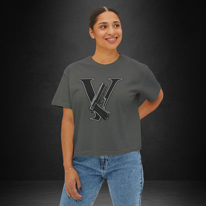 Women's Boxy Tee — Monogram 'V' with Pistol Graphic