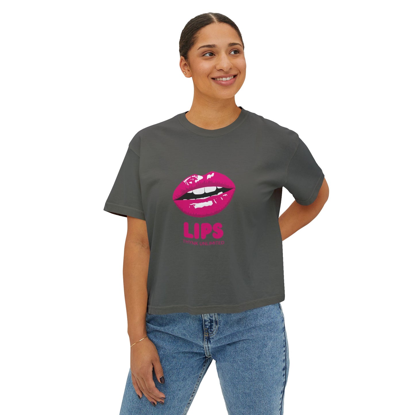 Women's Boxy Tee — Pink Lip Graphic "LIPS" Crop T-Shirt for Trendy Casual & Valentine's Day