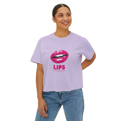 Women's Boxy Tee — Pink Lip Graphic "LIPS" Crop T-Shirt for Trendy Casual & Valentine's Day
