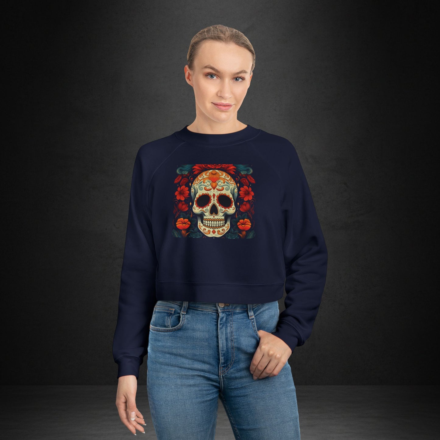 Cropped Pullover — Colorful Sugar Skull Floral Design