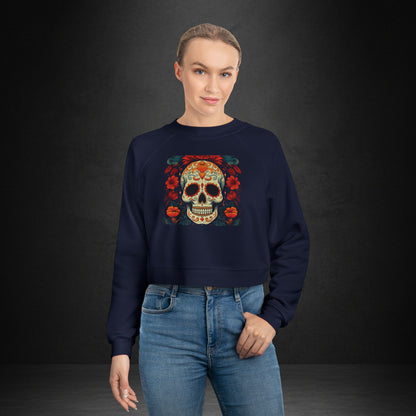 Cropped Pullover — Colorful Sugar Skull Floral Design