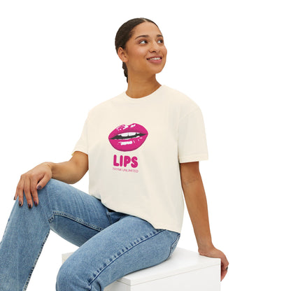 Women's Boxy Tee — Pink Lip Graphic "LIPS" Crop T-Shirt for Trendy Casual & Valentine's Day