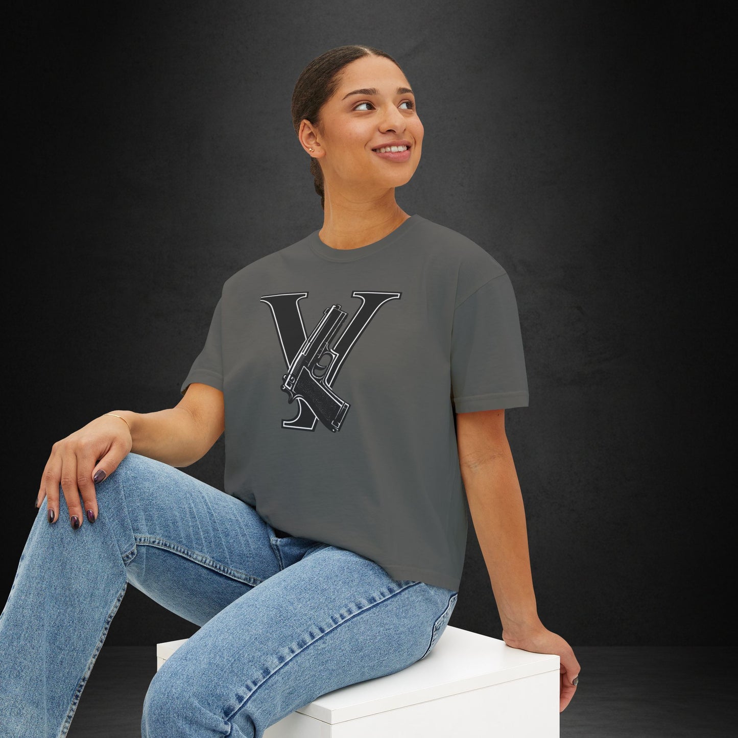 Women's Boxy Tee — Monogram 'V' with Pistol Graphic