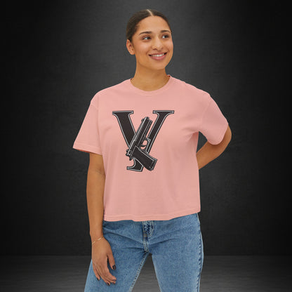 Women's Boxy Tee — Monogram 'V' with Pistol Graphic