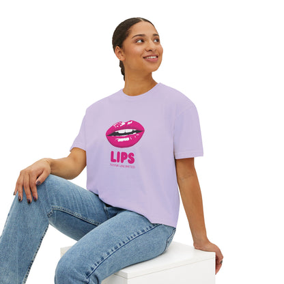 Women's Boxy Tee — Pink Lip Graphic "LIPS" Crop T-Shirt for Trendy Casual & Valentine's Day
