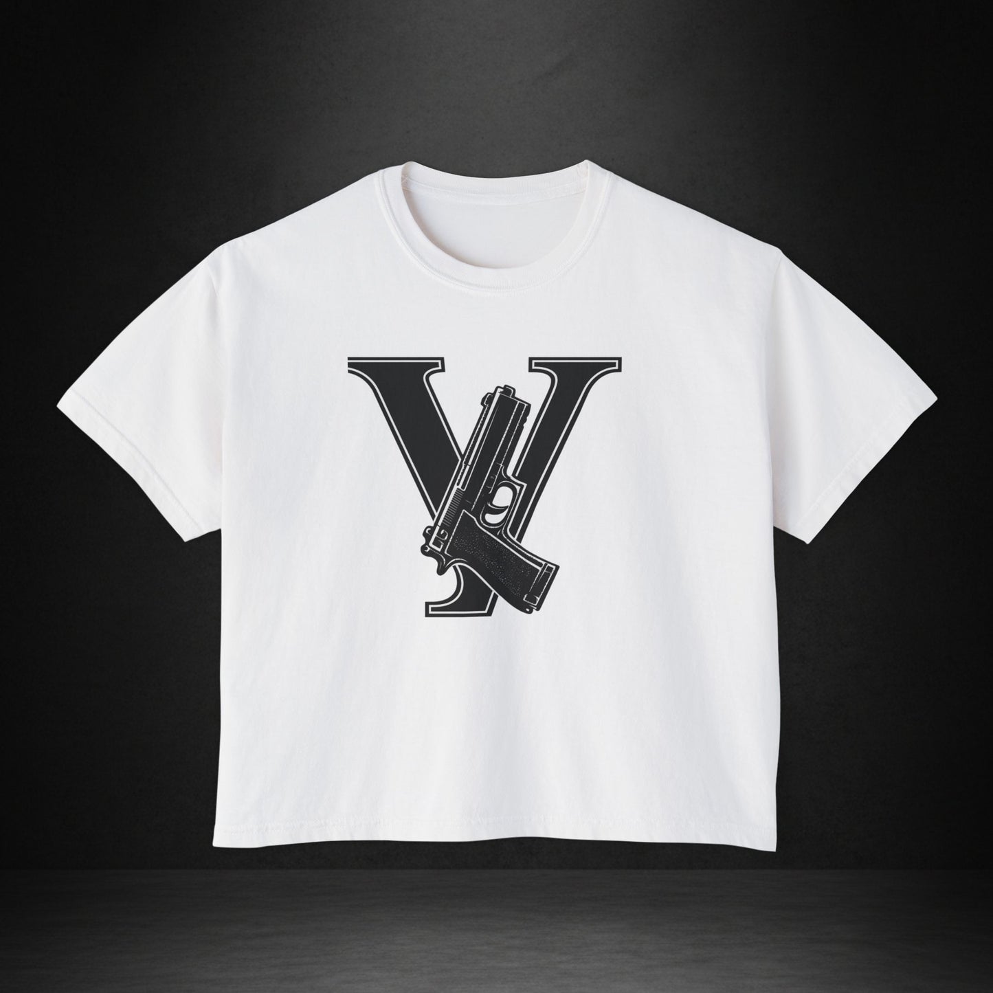 Women's Boxy Tee — Monogram 'V' with Pistol Graphic