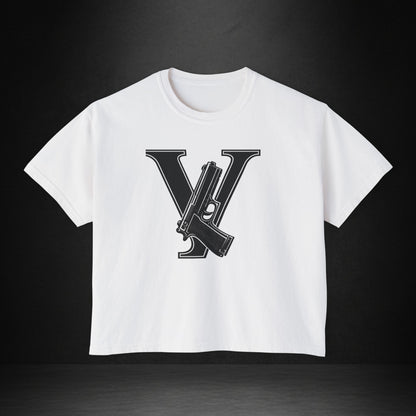 Women's Boxy Tee — Monogram 'V' with Pistol Graphic