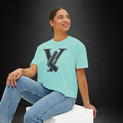 Women's Boxy Tee — Monogram 'V' with Pistol Graphic