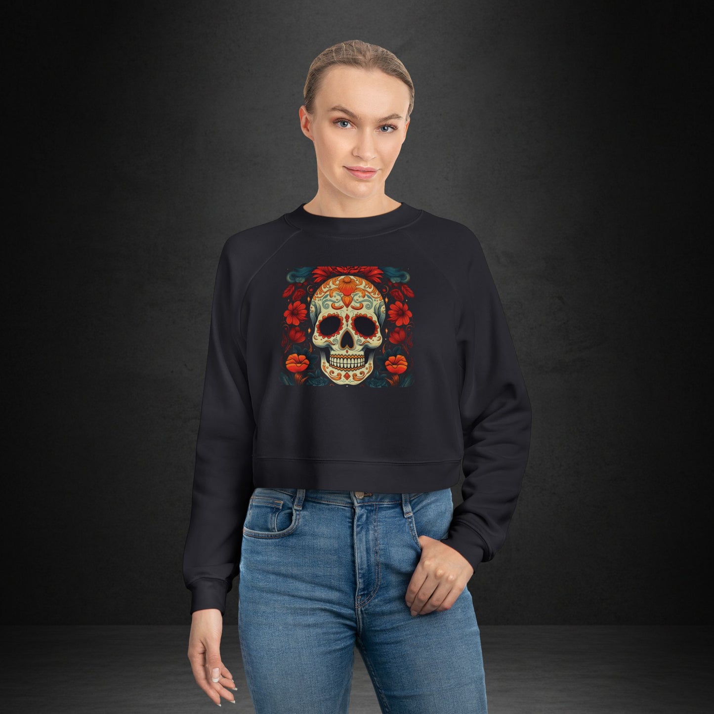 Cropped Pullover — Colorful Sugar Skull Floral Design