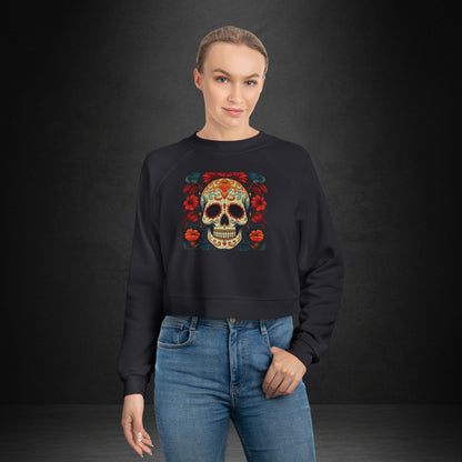 Cropped Pullover — Colorful Sugar Skull Floral Design