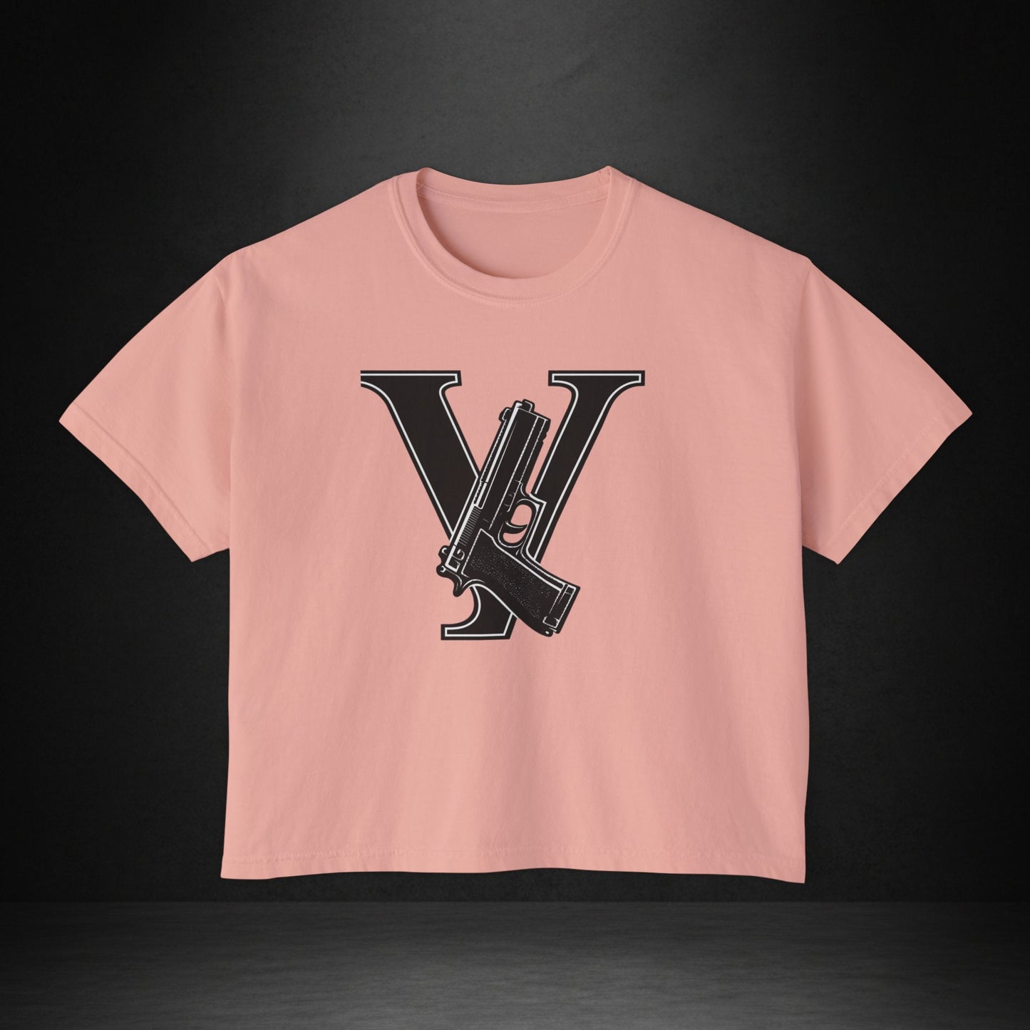 Women's Boxy Tee — Monogram 'V' with Pistol Graphic