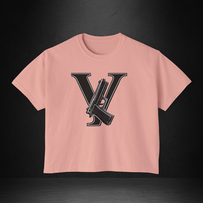 Women's Boxy Tee — Monogram 'V' with Pistol Graphic