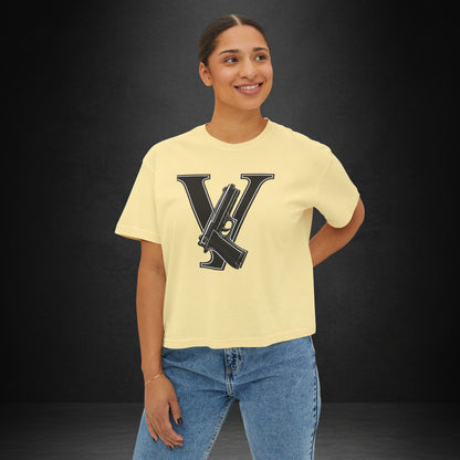 Women's Boxy Tee — Monogram 'V' with Pistol Graphic