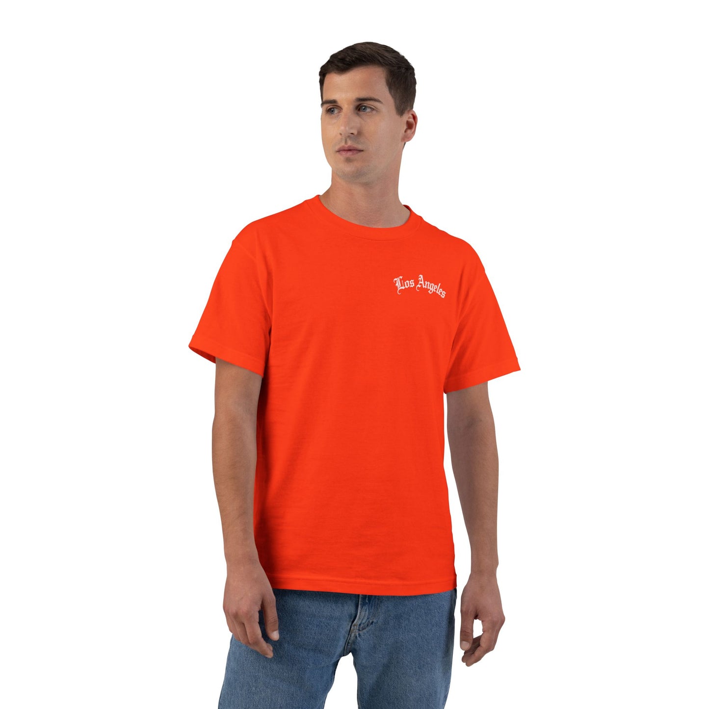Los Angeles Vintage Script T-Shirt — Orange Graphic Tee with 'Los Angeles' Back Print