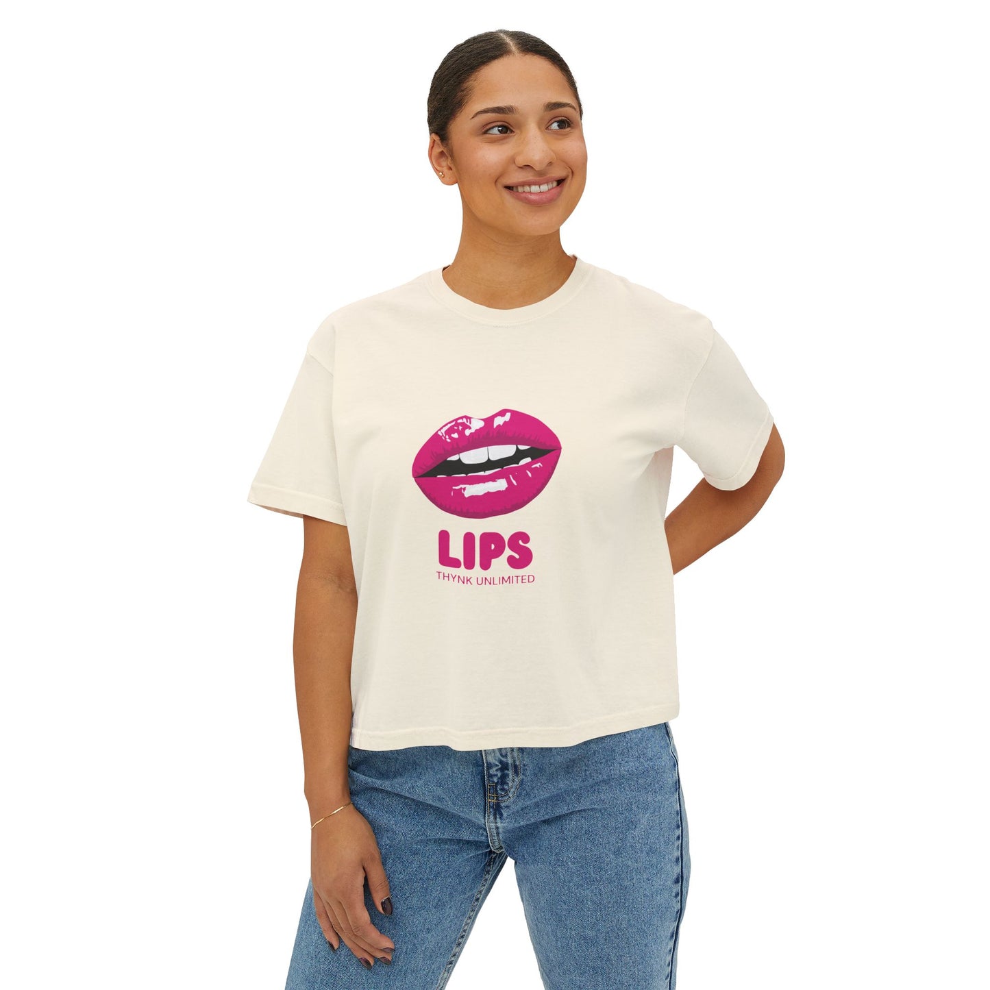 Women's Boxy Tee — Pink Lip Graphic "LIPS" Crop T-Shirt for Trendy Casual & Valentine's Day