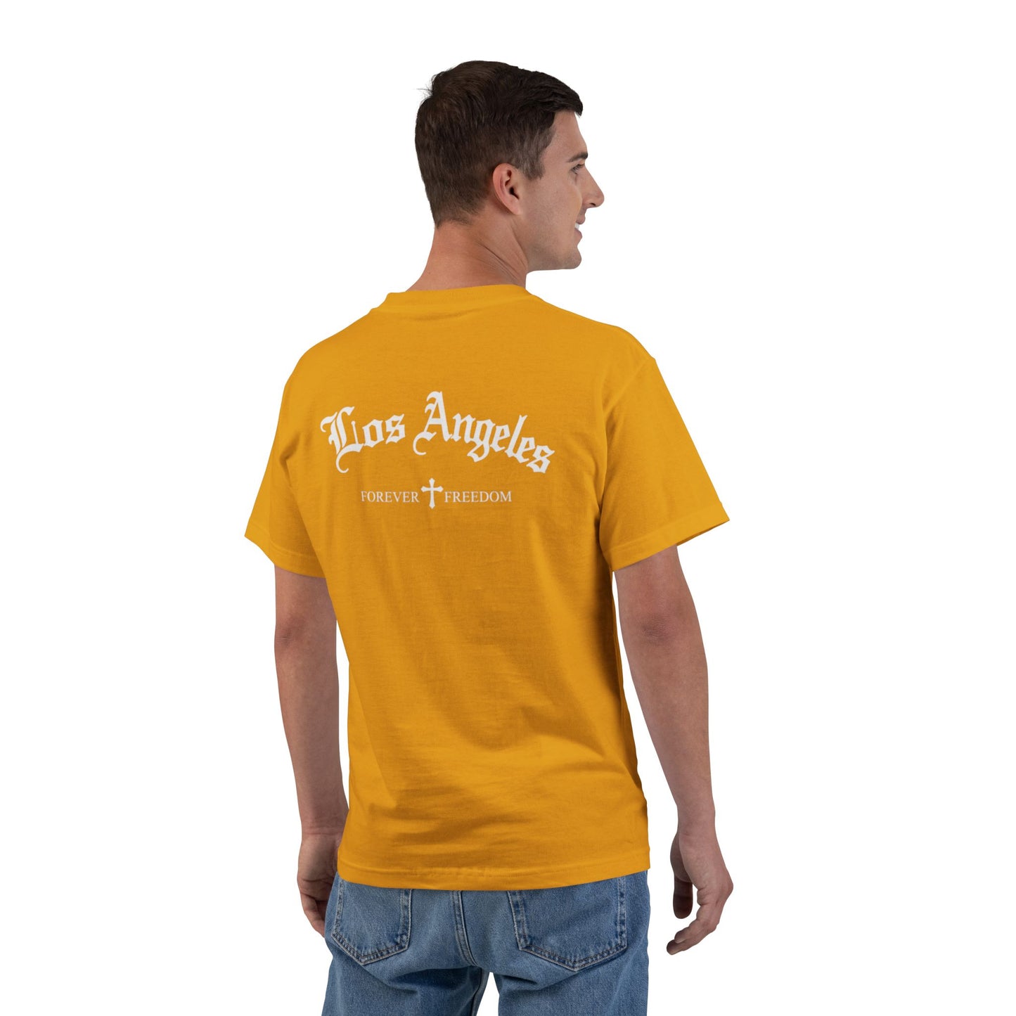 Los Angeles Vintage Script T-Shirt — Orange Graphic Tee with 'Los Angeles' Back Print