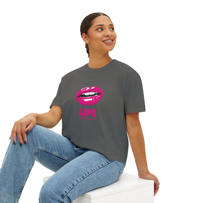 Women's Boxy Tee — Pink Lip Graphic "LIPS" Crop T-Shirt for Trendy Casual & Valentine's Day