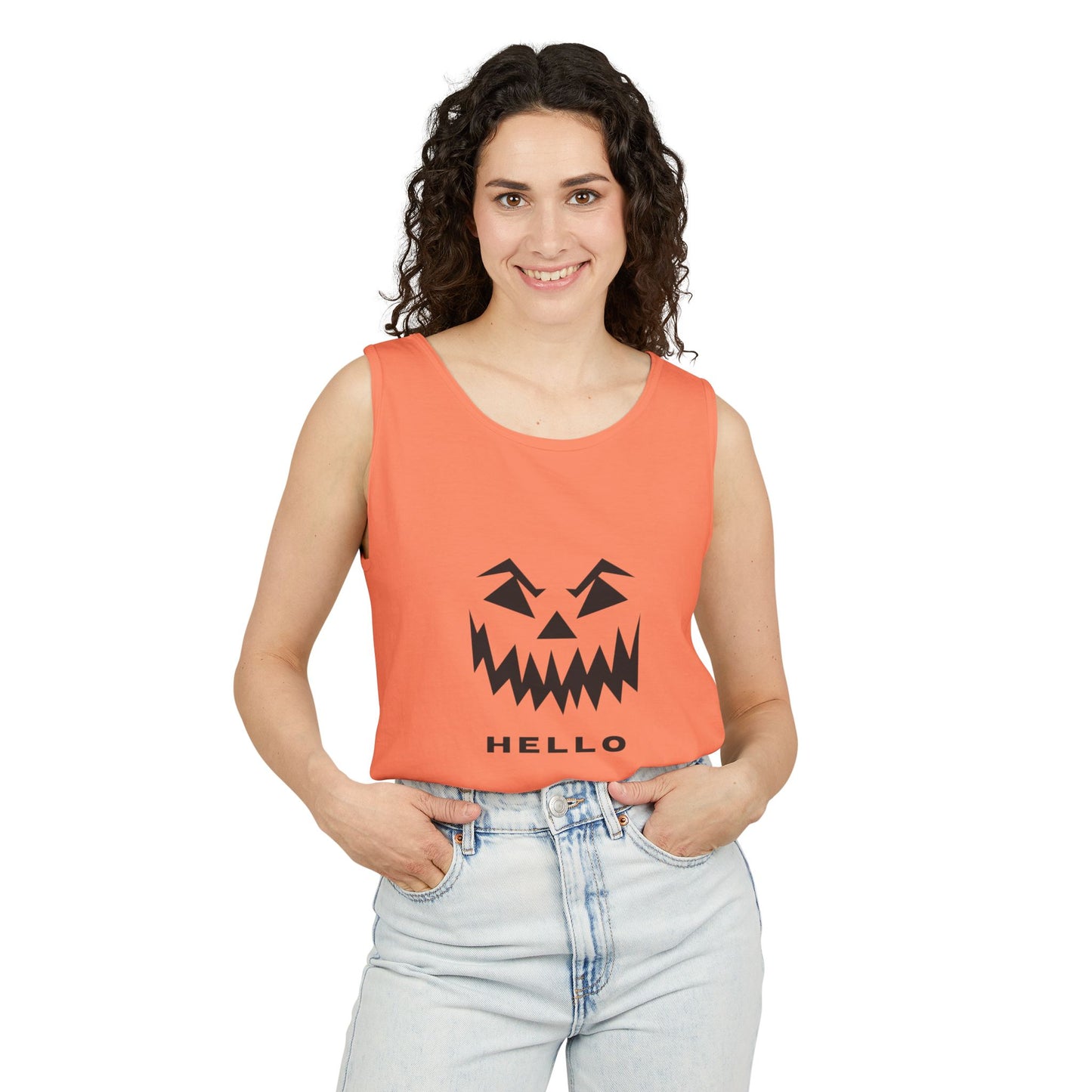 Halloween Jack-O'-Lantern Tank Top — 'HELLO' Pumpkin Face Graphic