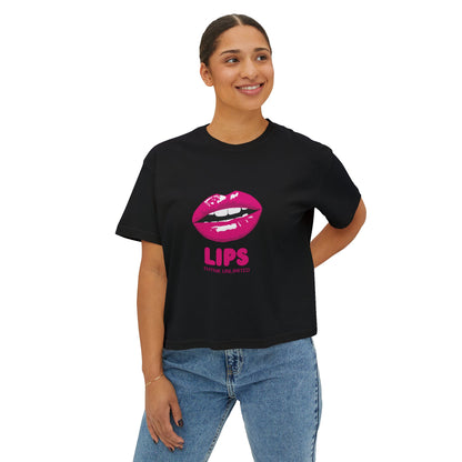Women's Boxy Tee — Pink Lip Graphic "LIPS" Crop T-Shirt for Trendy Casual & Valentine's Day