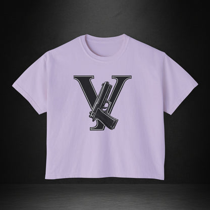 Women's Boxy Tee — Monogram 'V' with Pistol Graphic