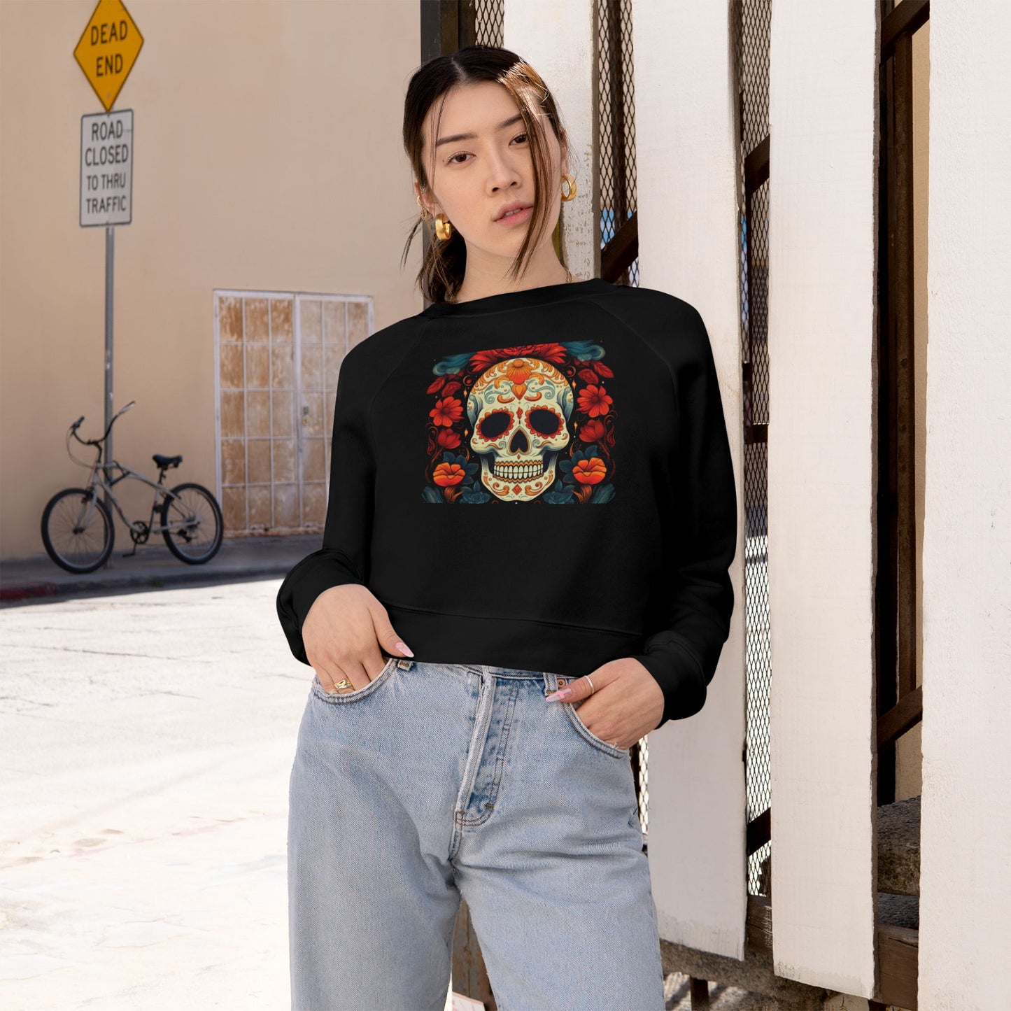 Cropped Pullover — Colorful Sugar Skull Floral Design