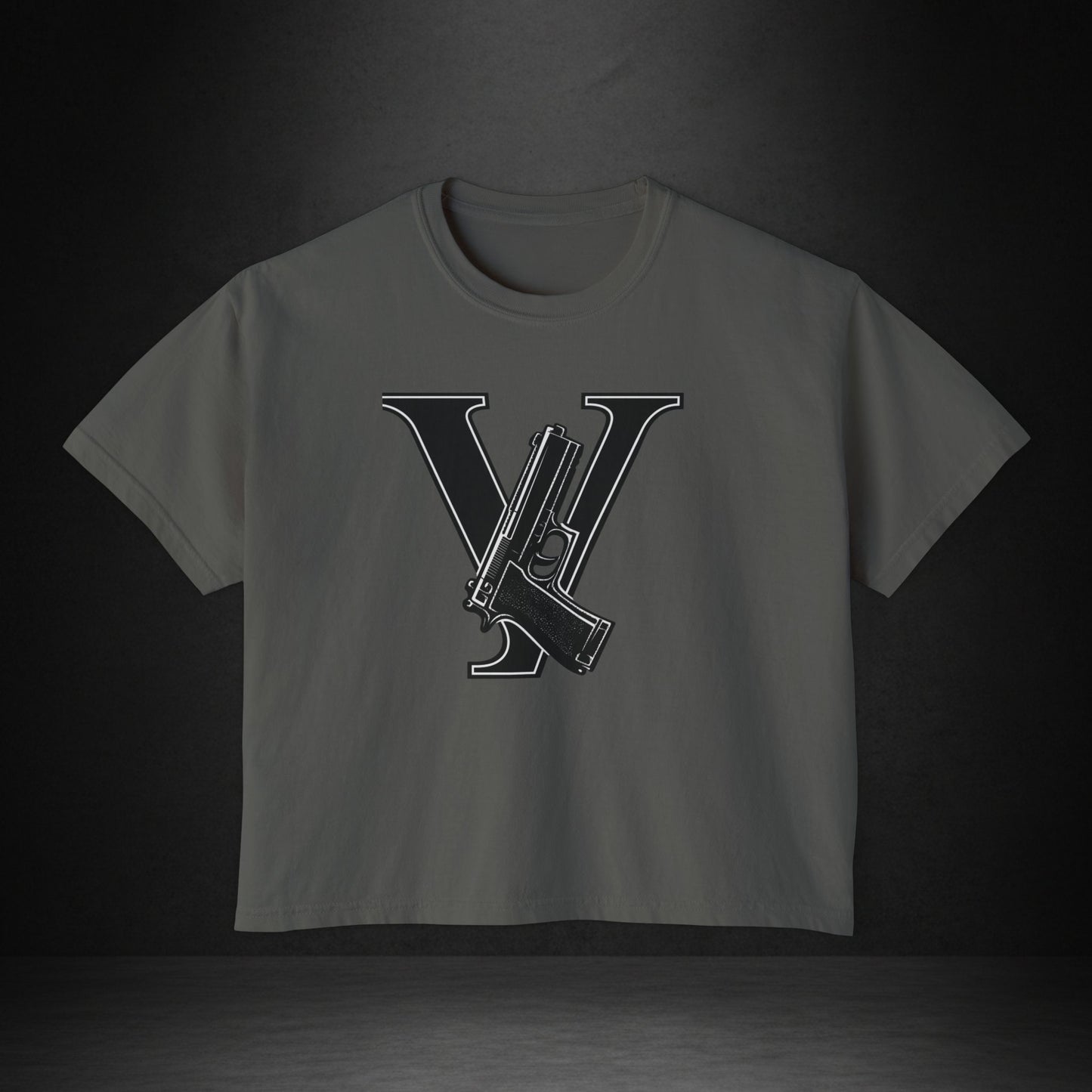 Women's Boxy Tee — Monogram 'V' with Pistol Graphic