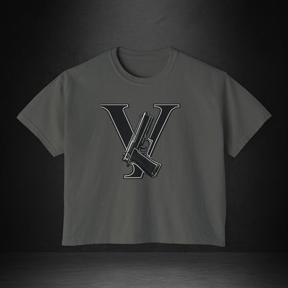 Women's Boxy Tee — Monogram 'V' with Pistol Graphic