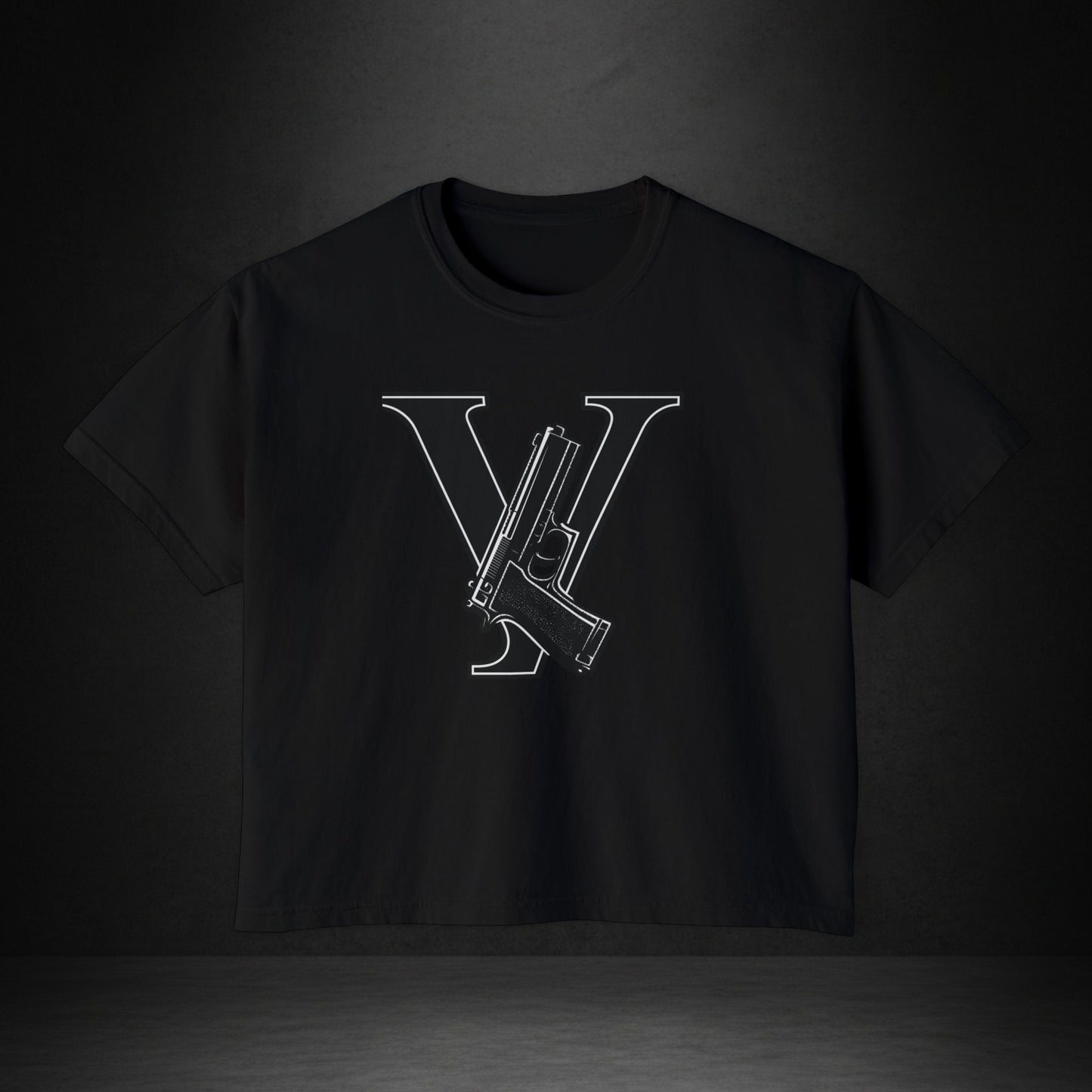 Women's Boxy Tee — Monogram 'V' with Pistol Graphic