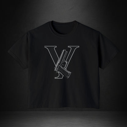 Women's Boxy Tee — Monogram 'V' with Pistol Graphic